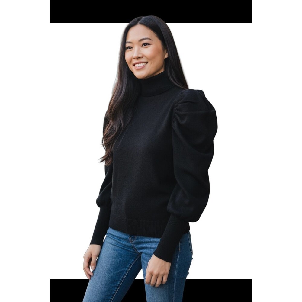 L'Academie Sweater Womens Small Black Puff Shoulder Long Sleeves Turtleneck